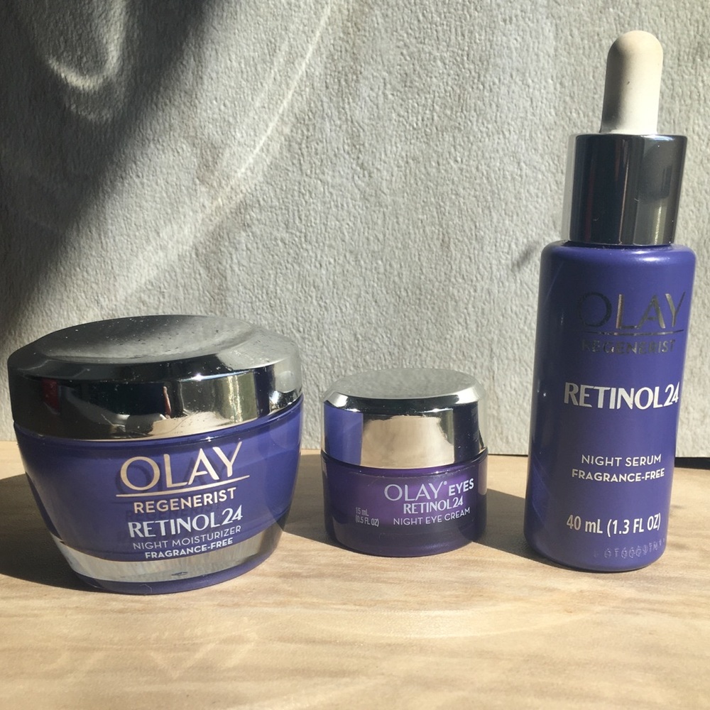 3 items: Olay Retinol 24 serum, eye + face…